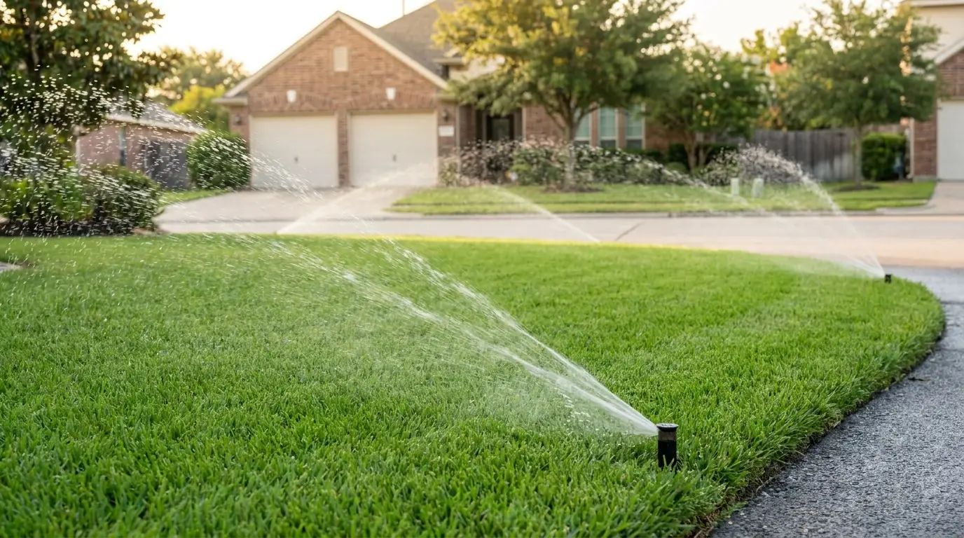 Irrigation system running correctly on a Pearland Texas residential lawn Brazoria County Shadow Creek Ranch Bermuda grass sprinkler repair